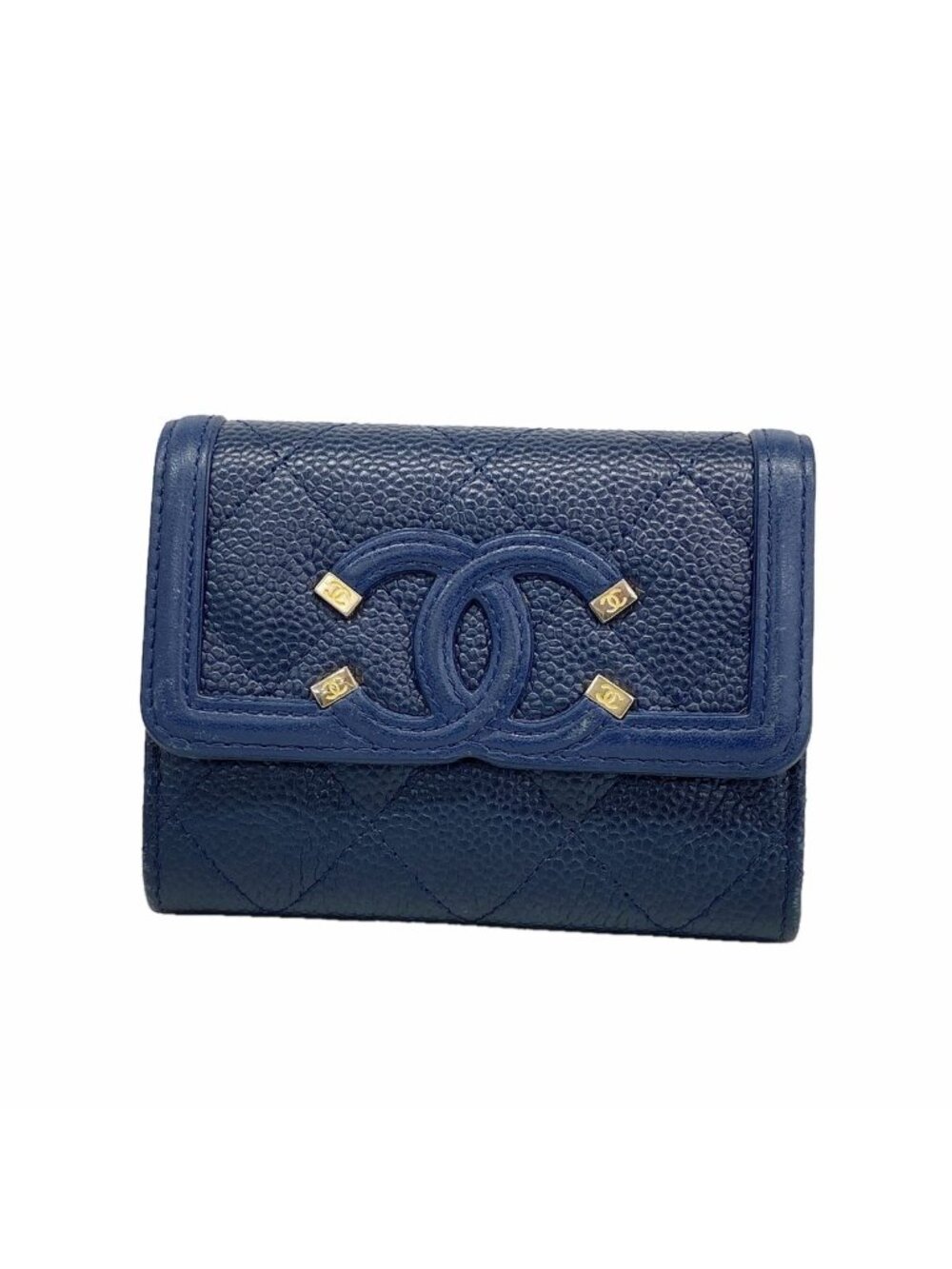 Chanel Card Case Filigree Caviar Leather Navy Gold